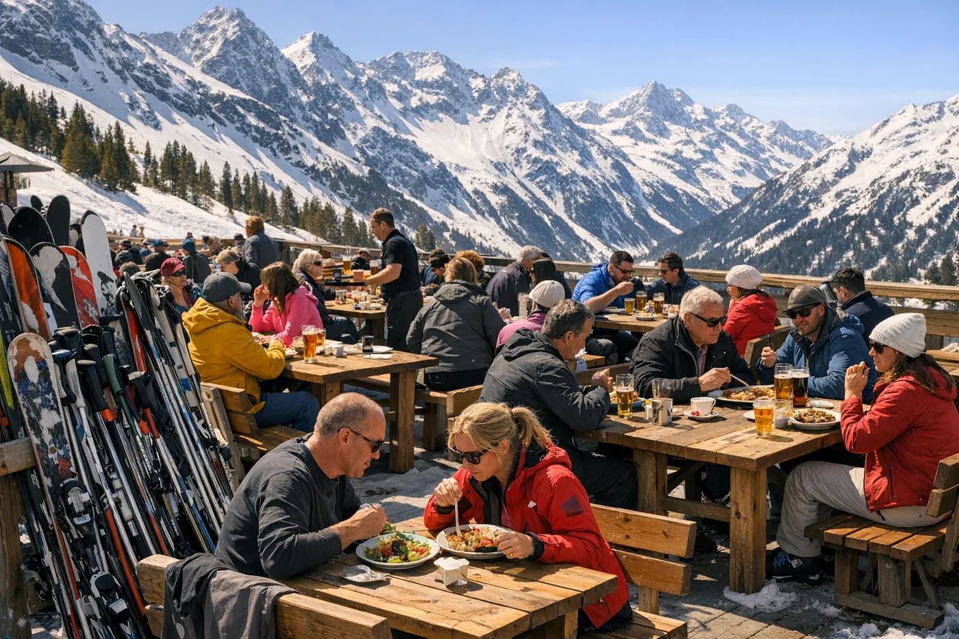 Słoneczny taras przed górską restauracją w Alpach