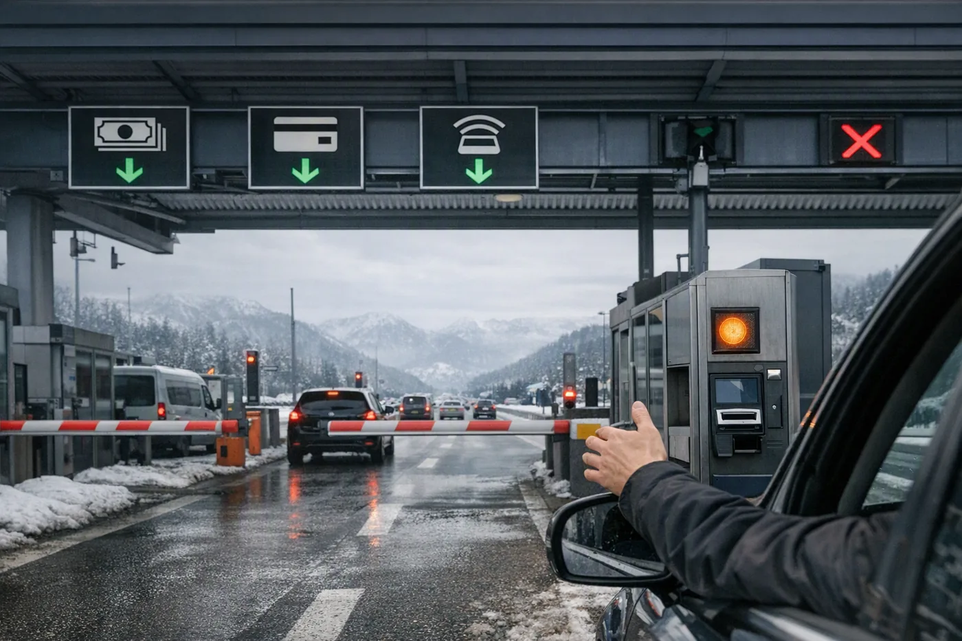 Punkt poboru oplat na autostradzie w Alpach z symbolami banknotow, kart i winiety elektronicznej