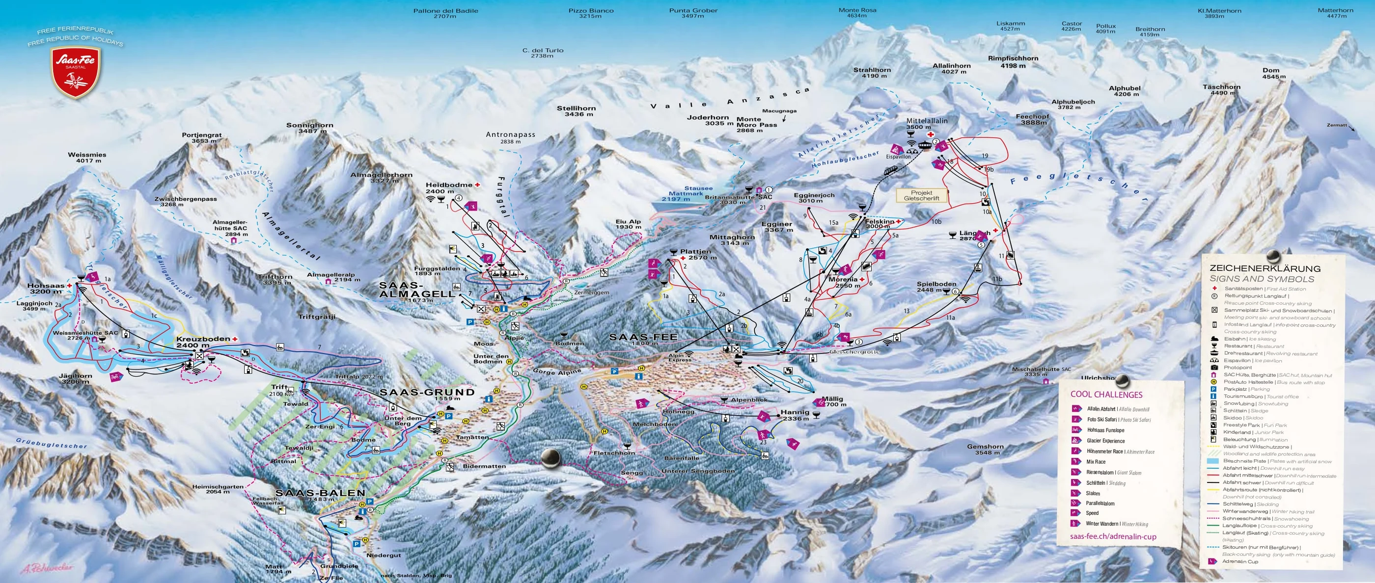 Mapa tras Saas-Fee, trasy, wyciągi i zjazdy