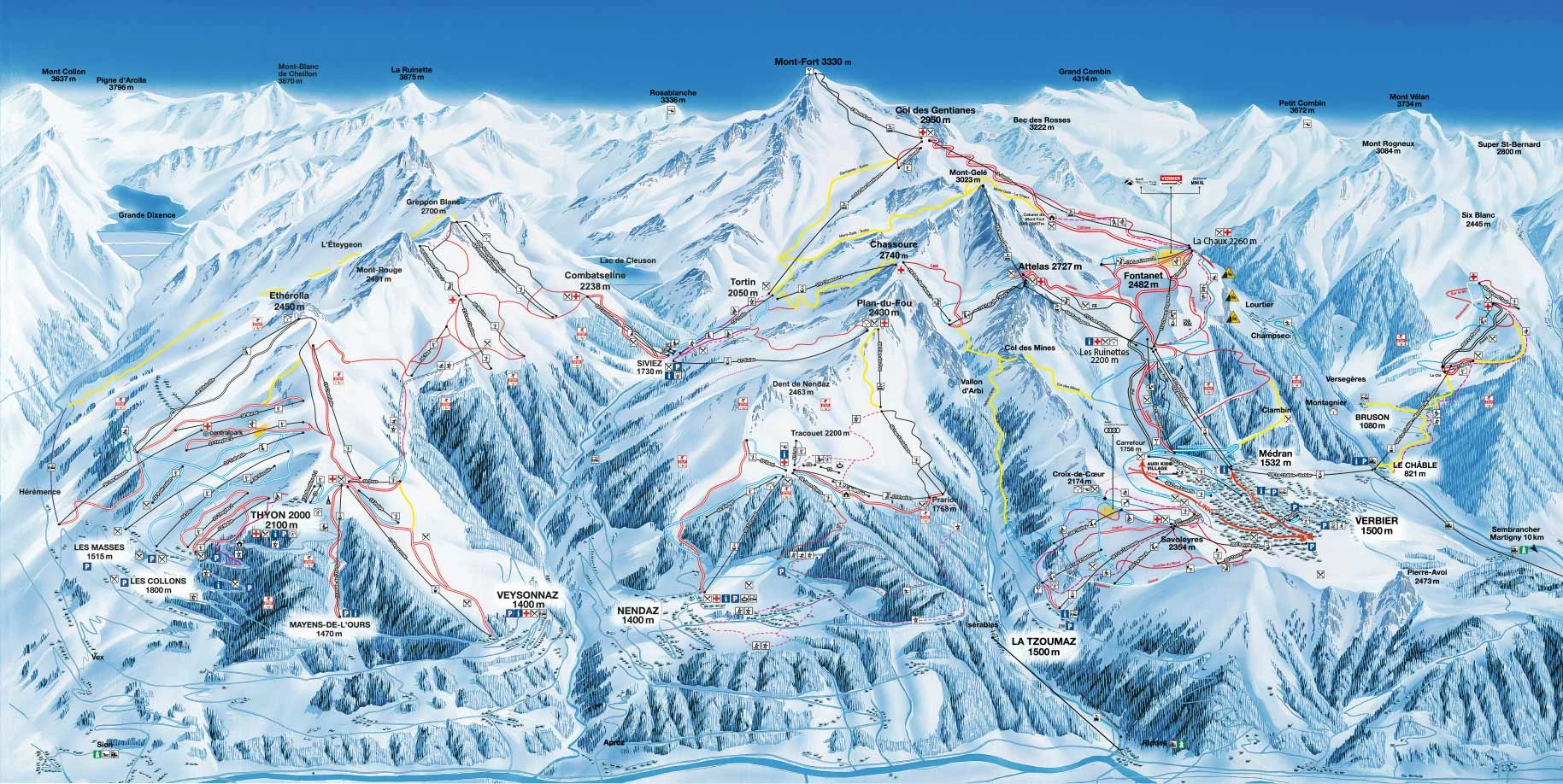 Mapa tras Verbier, trasy, wyciągi i zjazdy